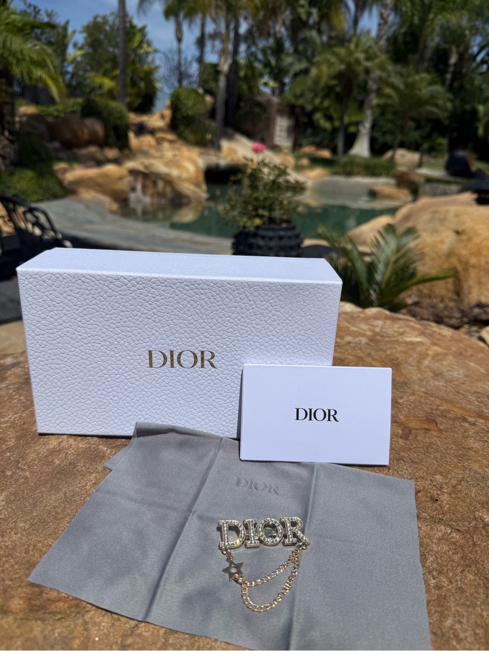 Vintage Dior Gold-Tone Logo Pin with Clear Crystals and Chain star dangle drip